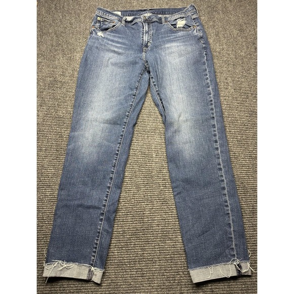 GAP Jeans Womens 12 Tall Blue Girlfriend Mid Rise Distressed Raw Hem Denim - Picture 1 of 7